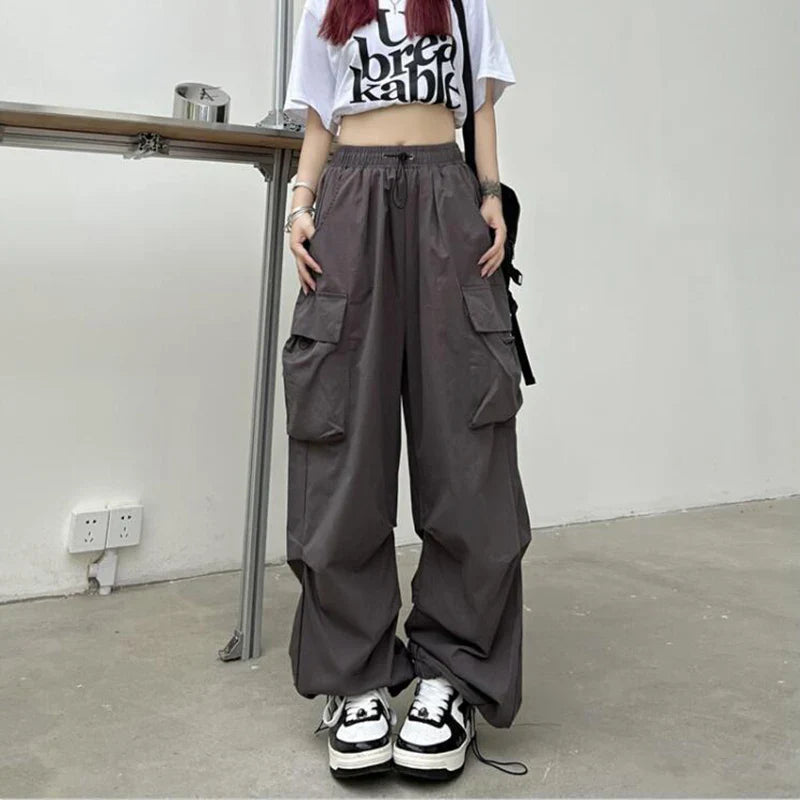 Casual Joggers Cargo Pants Women Solid Low Waist Pants Drawstring Wide Leg Baggy Trousers Y2k Streetwear Oversize Sweatpants
