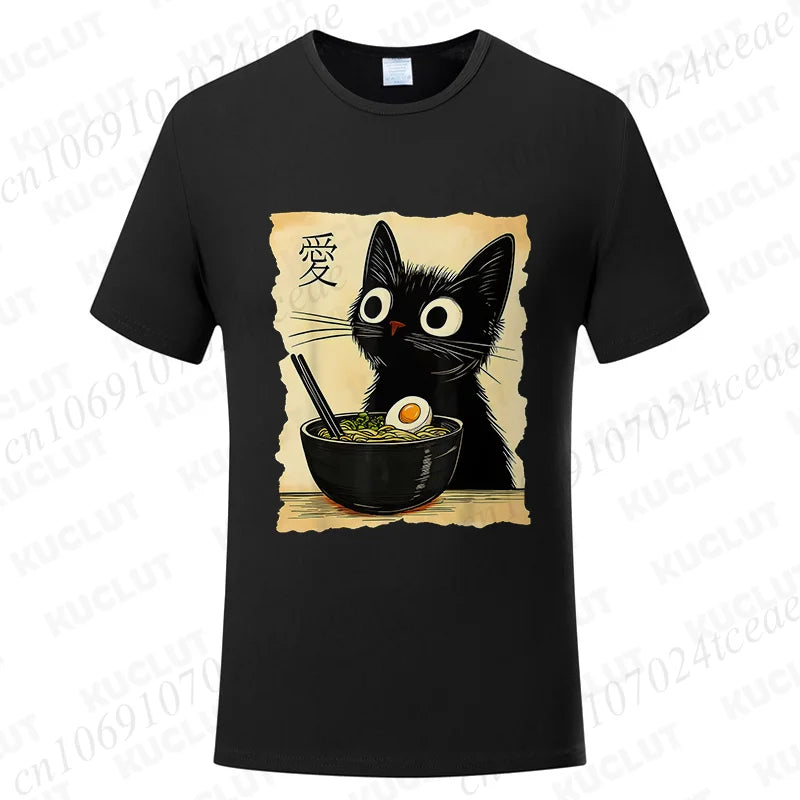 Funny Cat Ramen Graphic Tee Japanese Kawaii Anime Cat T-Shirt Fashion T-shirts Short Sleeve Clothes Trend Casual Unisex Tshirts