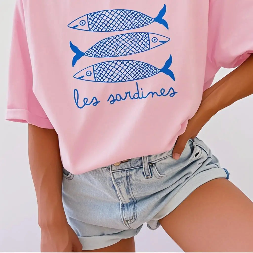 INAWLY Sardine Print Shirt Canned Fish Casual Shirt Tomato Girl Coastal Summer Girl