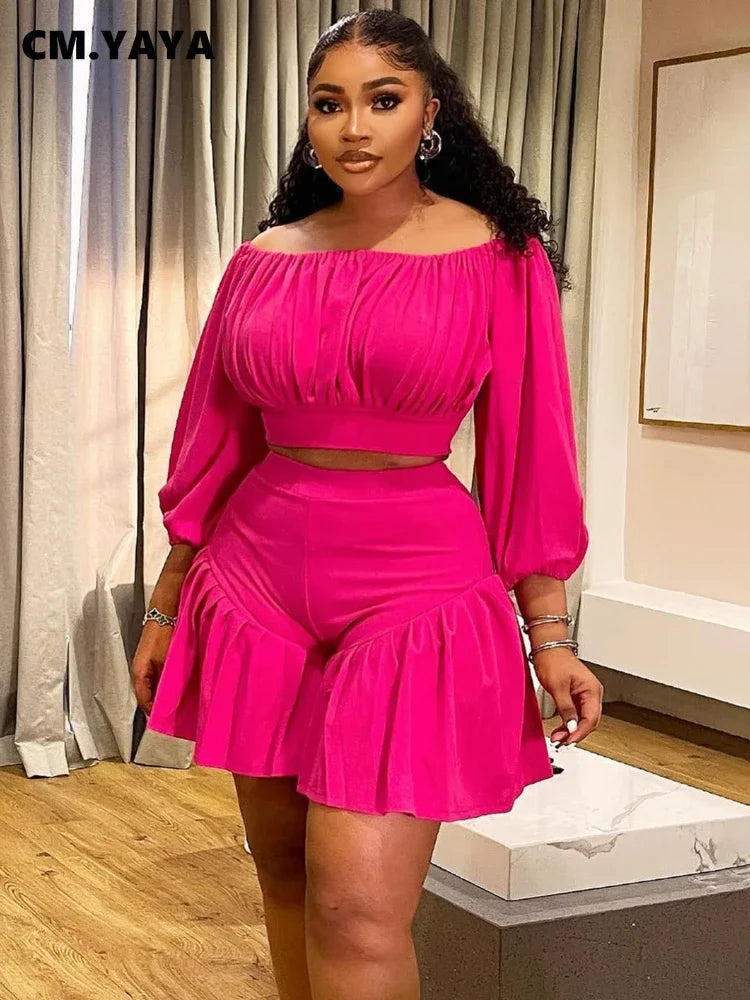 CM.YAYA Plus Size Women's Set Long Sleeve Slash Neck T-Shirt and Shorts 2025 Summer Ruched Two 2 Piece Set Outfits Tracksuit