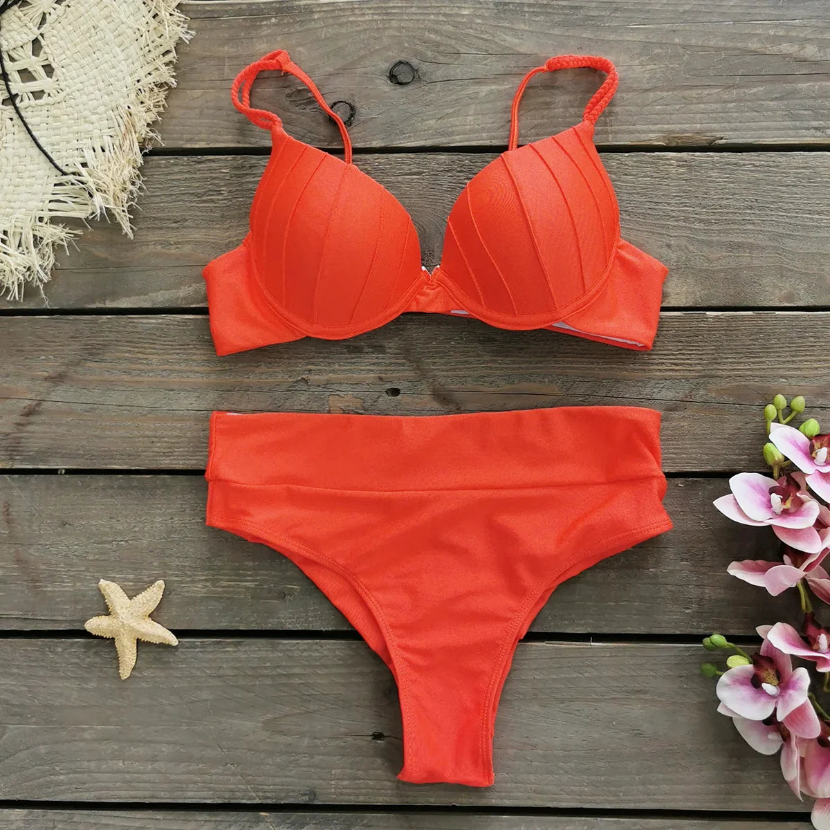 Cheap Push Up Bikinis Women Swimsuits  Solid Padded Women Swimwear Vintage Female Swimsuit High Waist Biquini Bathing Suit