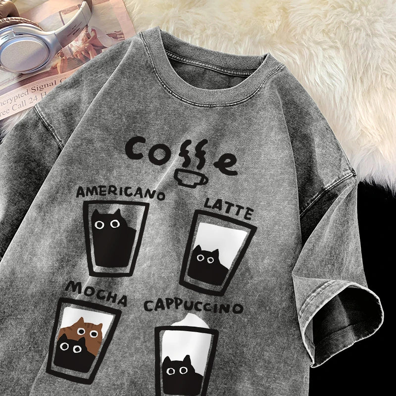 American Retro Trendy Cat Cotton T-shirt Men Women Summer Loose Couple Short Sleeve Tops Harajuku Y2k Vintage Water Washing Tee