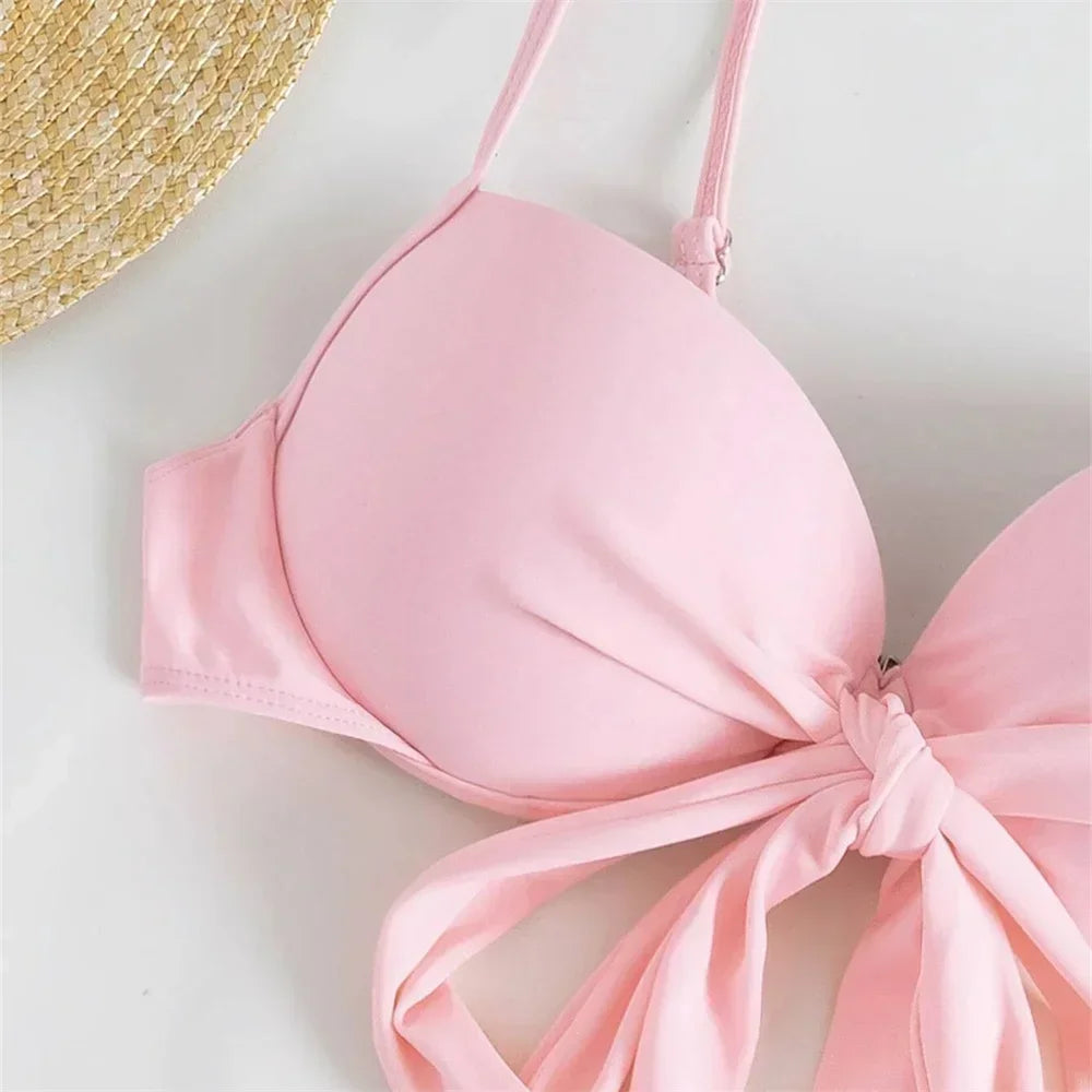 Cute Pink Ruched Swimwear Push Up Bandage Bikini Thong Pleated Swimsuit 3 Piece Women's Skirt Beach Outfits Bikinis Bathing Suit