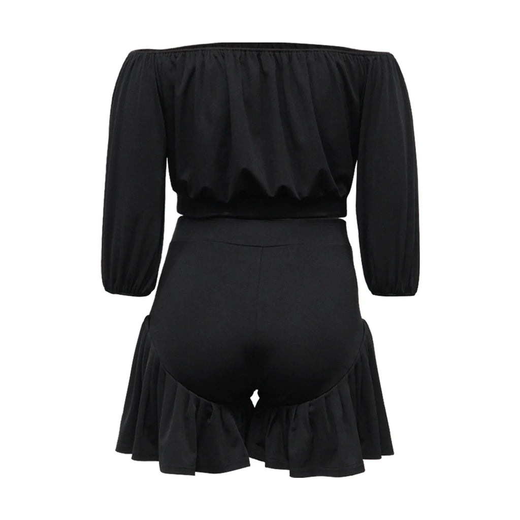 CM.YAYA Plus Size Women's Set Long Sleeve Slash Neck T-Shirt and Shorts 2025 Summer Ruched Two 2 Piece Set Outfits Tracksuit