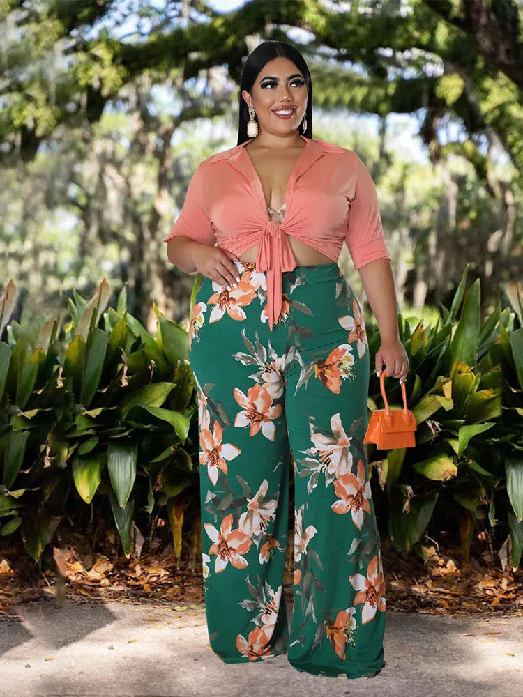 Two Piece Set Women Outfit 2x 3x 4x Summer Suit Elegant Pants and Blouse Set Casual Plus Size Pants Set Wholesale Dropshipping