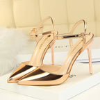 Women 10.5cm High Heels Sandals Lady Metallic Gold Silver Patent Leather Stripper Strap Sandles Wedding Fetish Nightclub Shoes