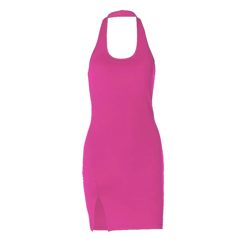 Halter Dress Seveless Backless Side Slit Neck-mounted Mini Dresses Knitted Sheath Streetwear 2024 Summer Woman Clothing Y2K 2406