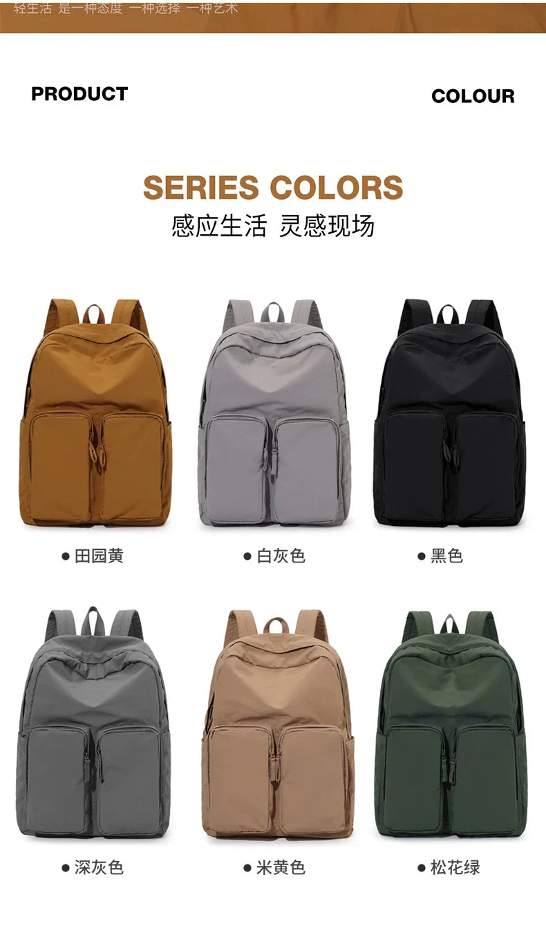 Water - resistant double - shoulder backpack. It has a large capacity, is lightweight and casual. Made of wrinkled and washed ny