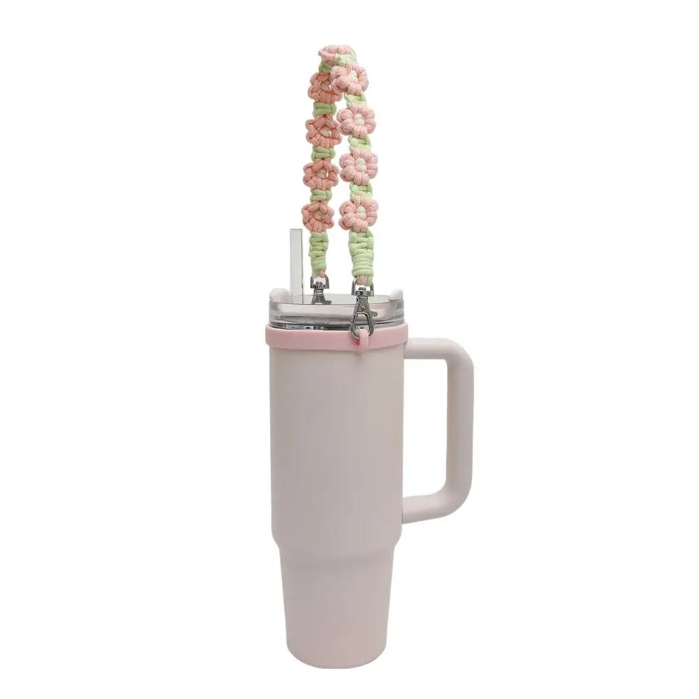 Water Bottle Handle Strap Handmade Flower 16-40oz Tumbler Silicone Safety Ring Cotton Rope Flower Durable Water Bottle Strap