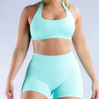 D LOGO Sports Bra Women Seamless Halter Neck Strap Bra with Logo Padded Open Back Yoga Top Bra Medium Support Gym Crop Top