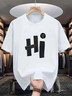 Summer men's 100% pure cotton casual loose fit plus size hi letter pattern  printed round neck short sleeved T-shirt top