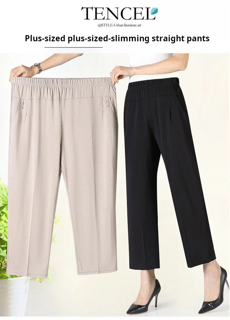 Summer Thin Breathable Elastic Pants 8XL Women's Solid Color High Waisted Loose Casual Pants Middle-aged Elastic straight leg