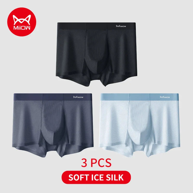 MiiOW 3Pcs Soft Ice Silk Men Boxer Underwear Men's Panties Summer Breathable Striped Underpants Male Antibacterial Boxers Trunks