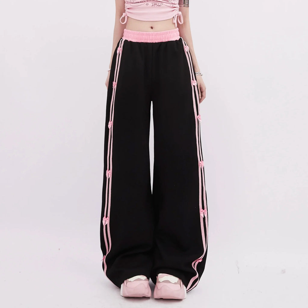 Women's Black Gothic Striped Pants Harajuku Streetwear Sweatpants Jogger Y2k 2000s Aesthetic Bow Pants Vintage Trousers Clothes