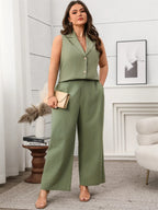 GIBSIE Plus Size Two Piece Set For Women Solid Notched Neck Sleeveless Vest And Wide Leg Pants 2025 Summer Office Ladies Suit