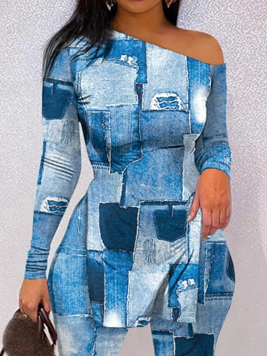 LW Plus Size Two piece set Figure Print Striped Split Pants Set One Shoulder Long Sleeve sexy women suit Streetwear Tracksuit