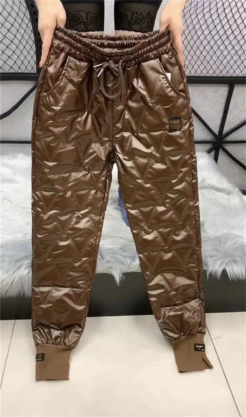 Winter Oversized Down Cotton Pencil Pants Warm Korean Fashion Slim Thick Women Pantalones Casual High Wais Black Trousers 4XL