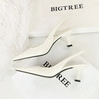 Women 6cm High Heels Retro Streetwear Catwalk Sandles Lady Daily Work Slingback Strap Elastic Mid Heels Glossy Leather Sandals