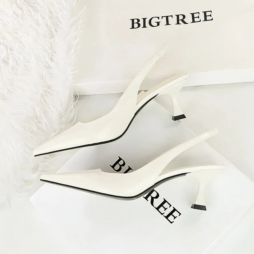 Women 6cm High Heels Retro Streetwear Catwalk Sandles Lady Daily Work Slingback Strap Elastic Mid Heels Glossy Leather Sandals