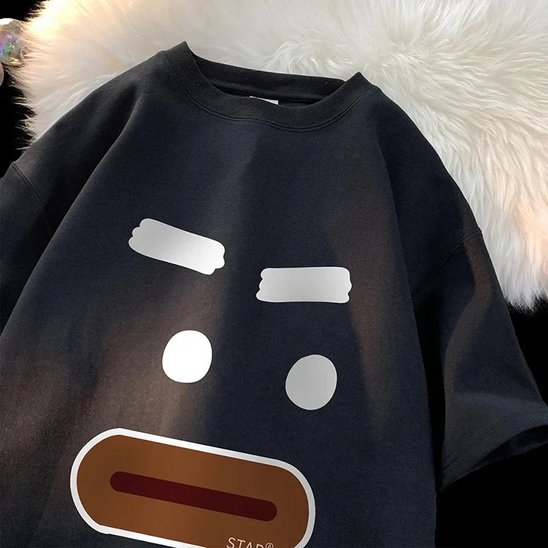 Vintage Fun Micro Expression Print Oversize T-shirt Men's High Street Fashion Cartoon Couple Short Sleeve Round Neck Top