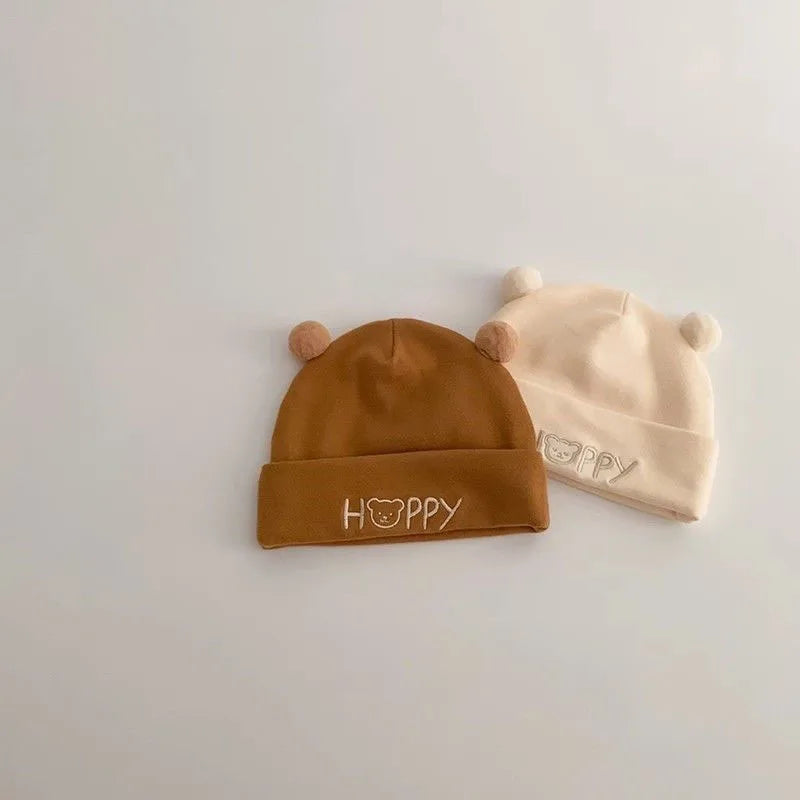 Cute Newborn Fetal Hat Soft Cotton Infant Boy Girls Cartoon Letter Bear Cap Solid Color Spring Autumn Warm Beanie