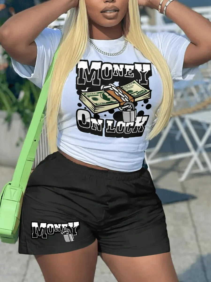 LW Plus Size Money Letter Print Shorts Set 2023 Women Round Neck Cartoon Two Pieces Street Short Sleeve Matching Suits