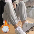 Women's Autumn Winter Casual Sports Loose Slimming Versatile Fleece-lined Outerwear Straight-leg Cuffed Pants Carrot Sweatpants