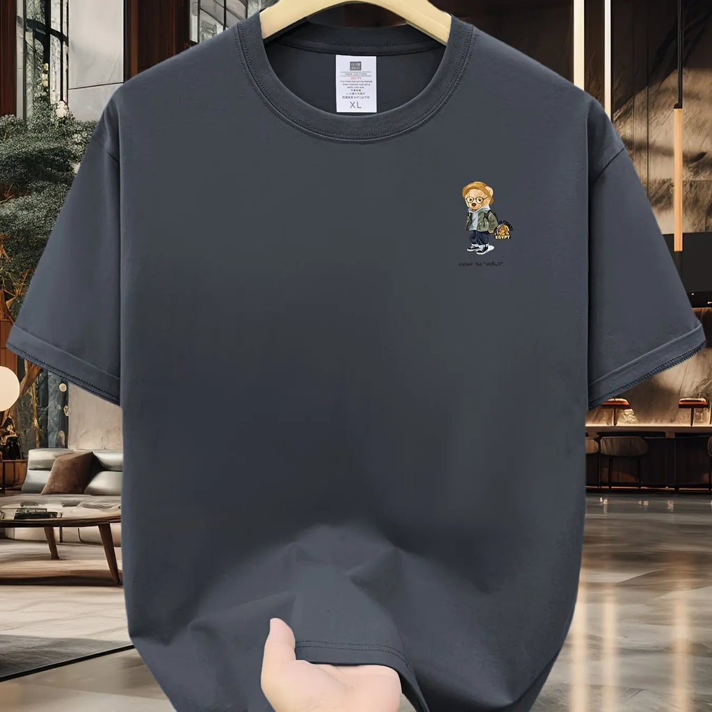 Men's 100% pure cotton summer loose size cartoon pattern printed casual and comfortable round neck short sleeved T-shirt top