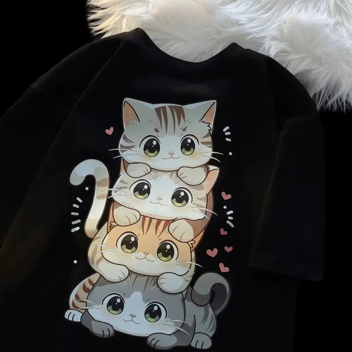 Cute Cartoon Cat Print Women's Round Neck Short Sleeved T-shirt Casual Loose Versatile Summer Tshirt