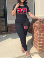 LW Plus Size Letter Print Pocket Design Pants Set Pullover Short Sleeve O Neck Top&Sheath Elastic Waist Trousers Fitness 2pc