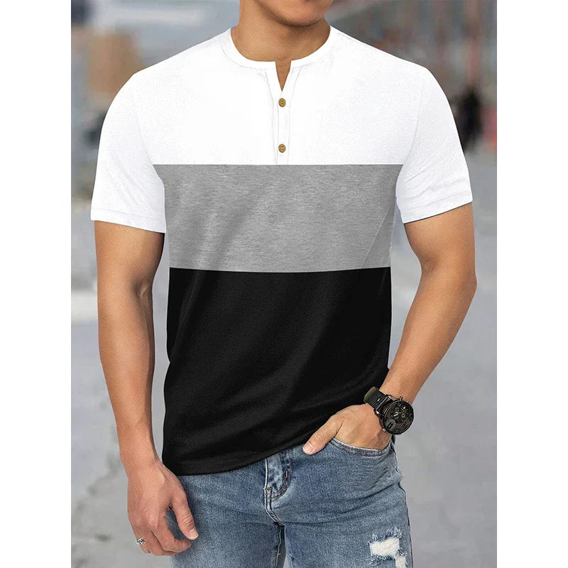 Henry Collar T-Shirt Men Summer Casual Short Sleeve Tops 3-color Patchwork Tees Sweatshirt Comfortable Breathable Men's Clothing