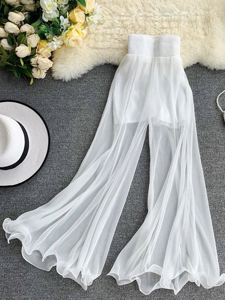 ZOKI Women Flare Pants Loose Gauze Elastic High Waist Ruffle Chiffon Ladies Trousers Fashion Black White Summer Female Pants New
