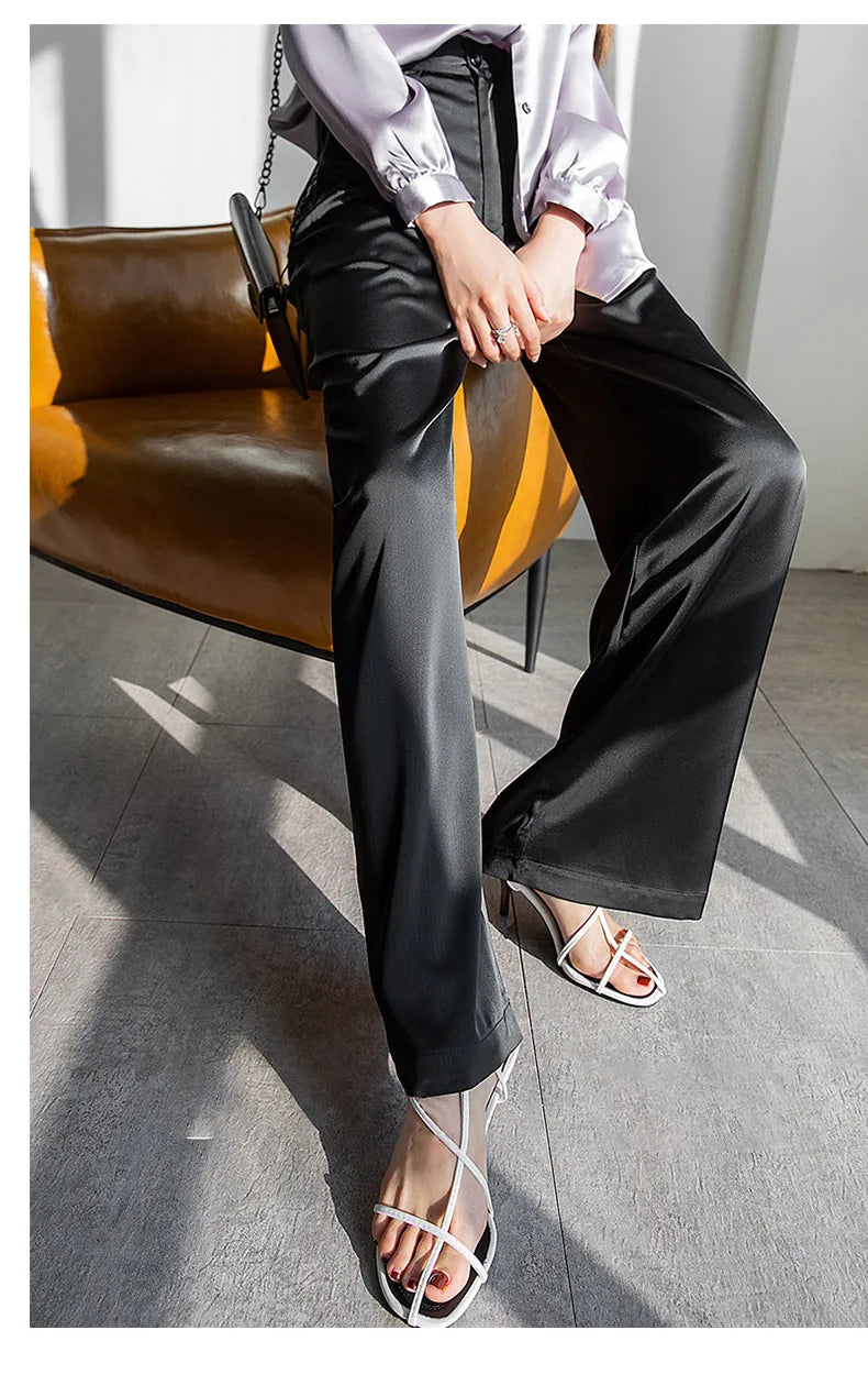 Garemay Summer Autumn Women's Pants Loose Solid Classic Black Straight High Waist Casual Silk Satin Wide Leg Trousers for Women