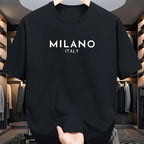Summer men's 100% pure cotton casual loose and fashionable MILANO ITALY letter printed round neck short sleeved T-shirt top