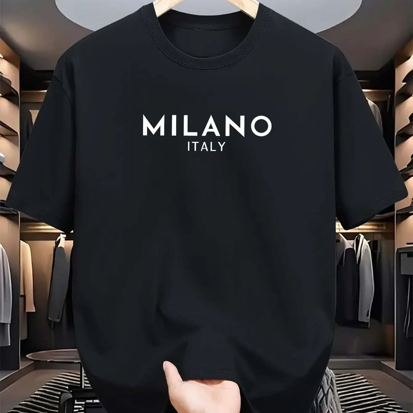 Summer men's 100% pure cotton casual loose and fashionable MILANO ITALY letter printed round neck short sleeved T-shirt top