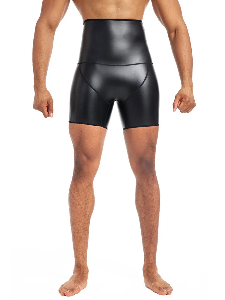 Men`s High Waist Shorts Street Runnings Sports Pants Hip Hop Pants Faux Leather Boxer Shorts Wet Look Shorts Slim Pants Clubwear