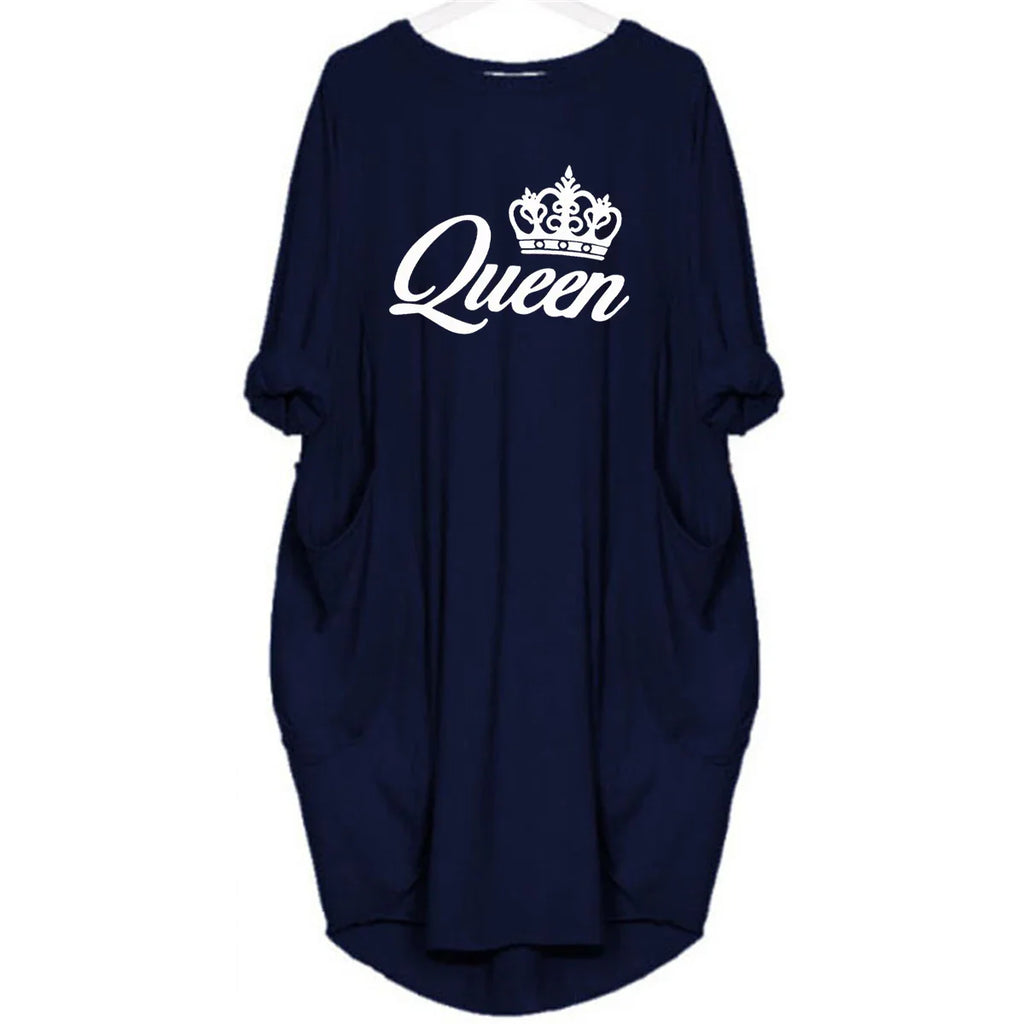 Women's spring and summer casual loose plus size QUEEN printed round neck long sleeved pocket dress streetwear