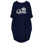 Women's spring and summer casual loose plus size QUEEN printed round neck long sleeved pocket dress streetwear