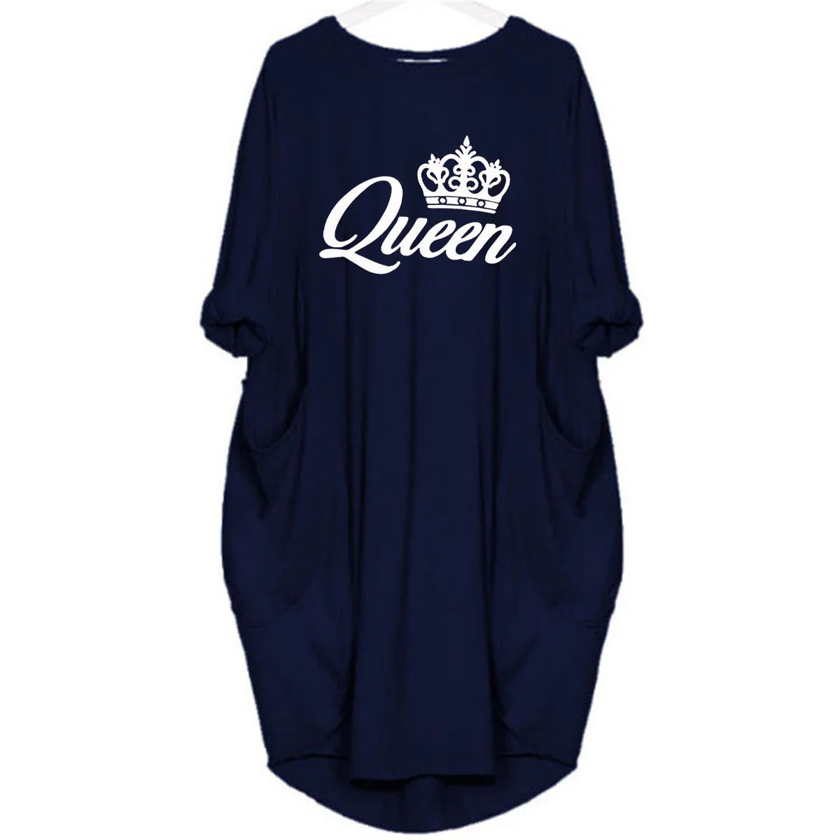Women's spring and summer casual loose plus size QUEEN printed round neck long sleeved pocket dress streetwear