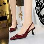Women 6cm High Heels Retro Streetwear Catwalk Sandles Lady Daily Work Slingback Strap Elastic Mid Heels Glossy Leather Sandals