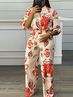 Women's Long Bottom Cross-Neck Suit, Bright  Fashion Flower Print Pattern, Waist-cinching Short Top, Plus Size, Spring  & Summer