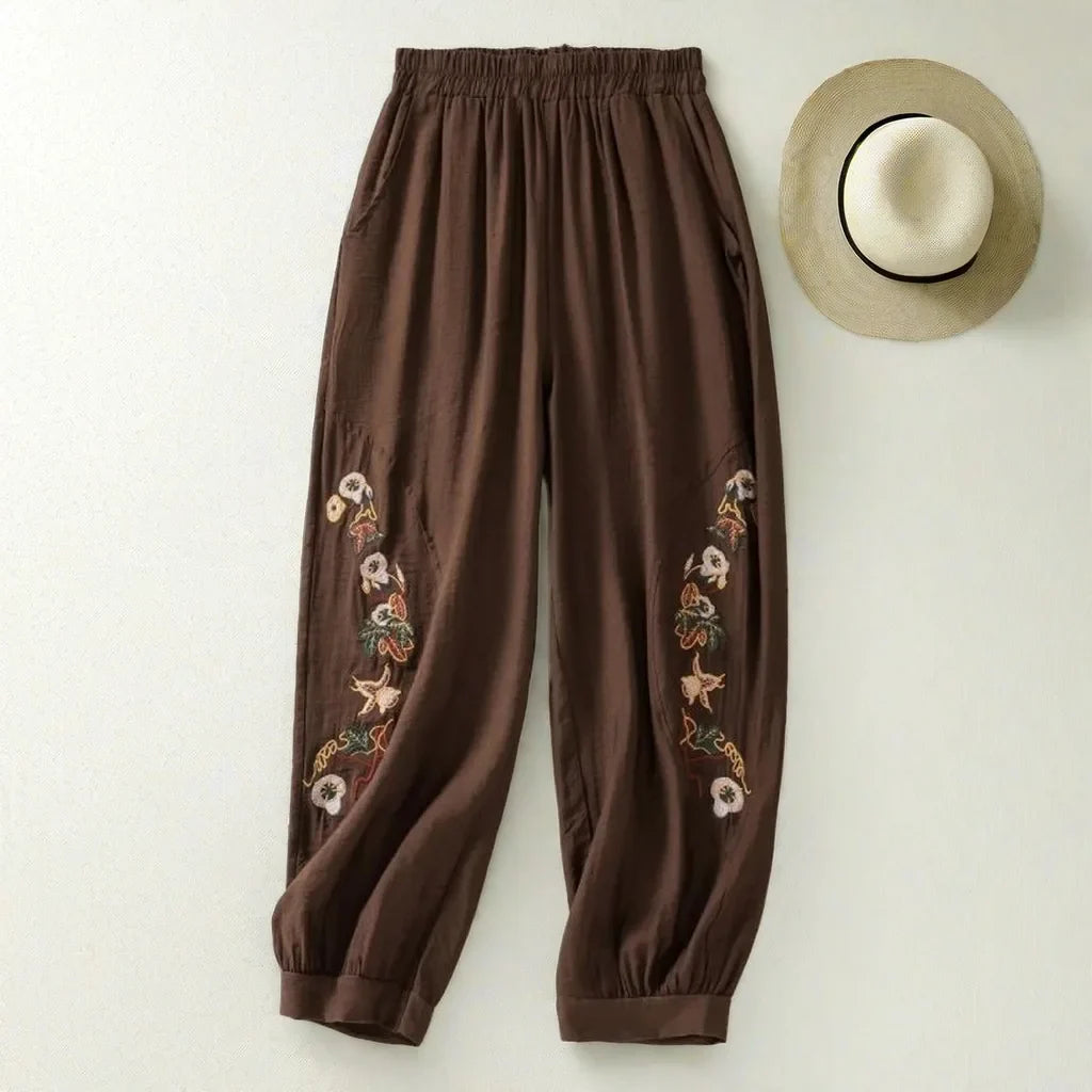 Coffee Embroidery Bloomers Casual Solid Elastic High Waist Loose Women's Pants Ankle-Length Pants For Women Clothing Fashion