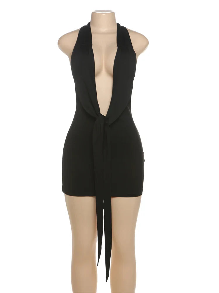 Weird Puss Tight Bandage Dress Women Backless Deep V-Neck Sexy Halter Summer Midnight Hottie Sexy Clubwear Trend Hipster Bodycon