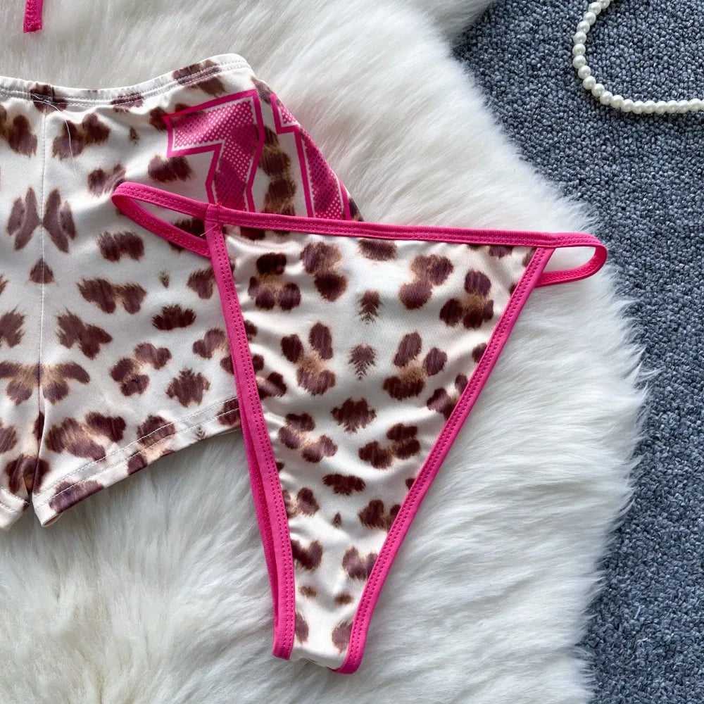 Foamlina American Pure Desire Hottie Strap Leopard Print Bikini Uniform Three-piece Suit Women's Summer Tube Top + Shorts