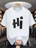 Summer men's 100% pure cotton casual loose fit plus size hi letter pattern  printed round neck short sleeved T-shirt top
