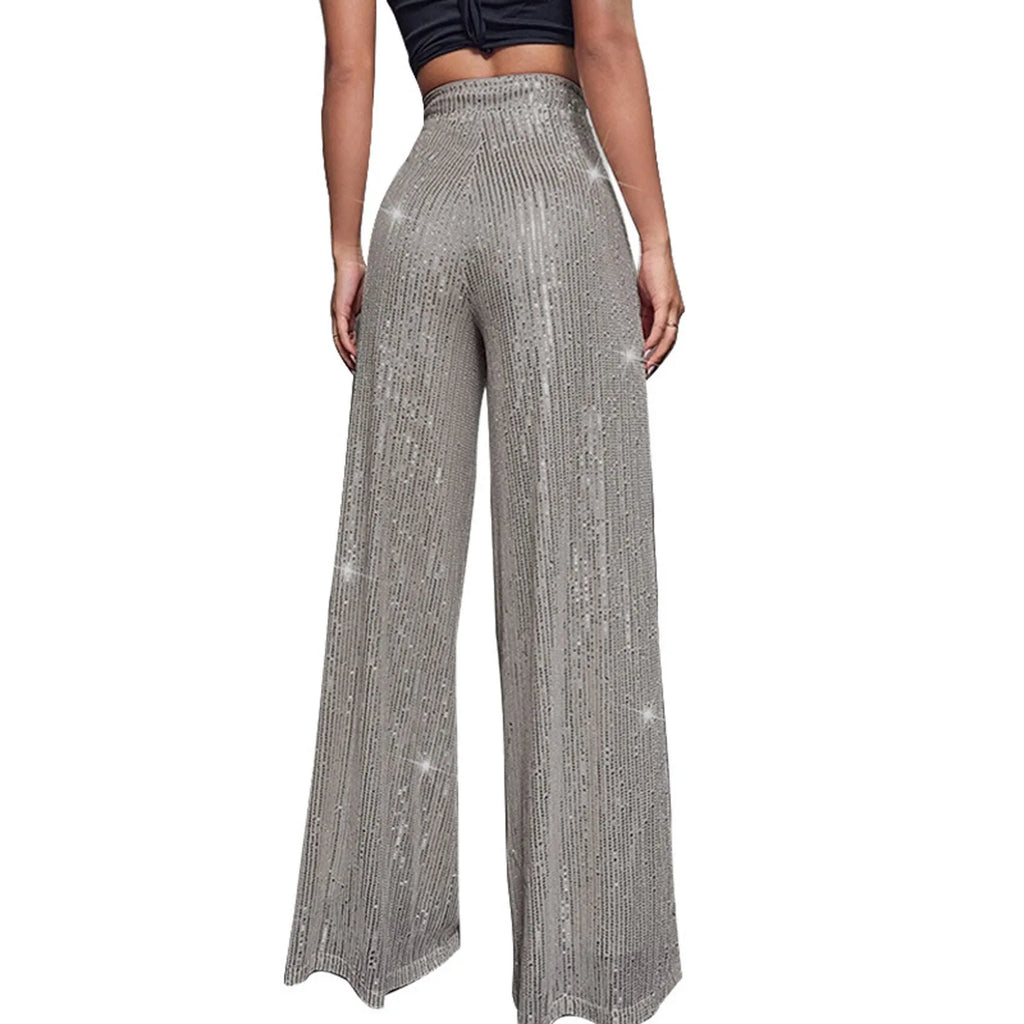 Women's Fashion Solid Color High Waist Sequin Side Zipper Draped Wide Leg Pants Pants for Women Women's Pants Women's Pants 2024