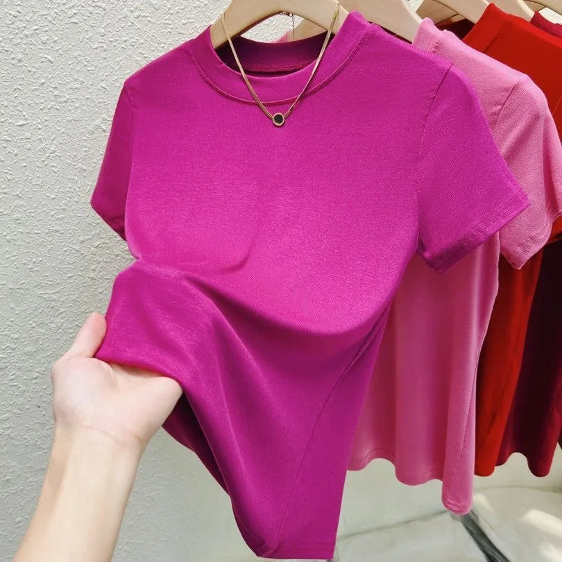 Women's Elastic Crew Neck T-Shirt Solid Ribbed Tops Pink Short Sleeve Tight Bottom Basic Shirt Casual Sexy Slim Summer Tops Tee