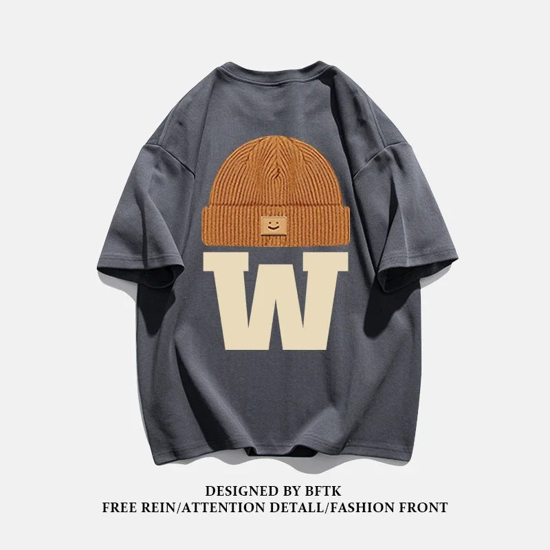 Summer Fashion Heavyweight Retro Men's English Letters 100% Cotton Printed Round Neck High-quality Casual Fitness Street T-shirt