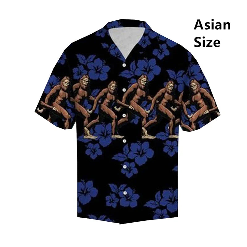 Hawaiian Bigfoot Pirate Man Shirts Women Tropical Summer Aloha Casual Shirts Button Down Short Sleeve Sasquatch Shirt Clothing
