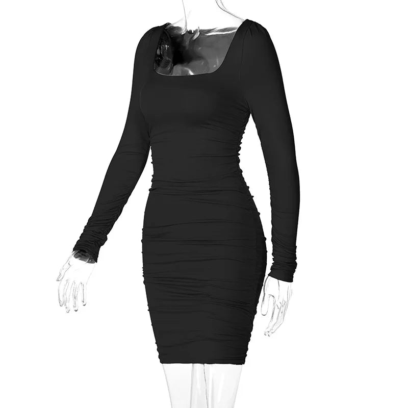 Elegant Square Collar Long Sleeves Folds Slim Bodycon Dress Women Solid Color Skinny Mini Dress Sexy Club Party Vestidos